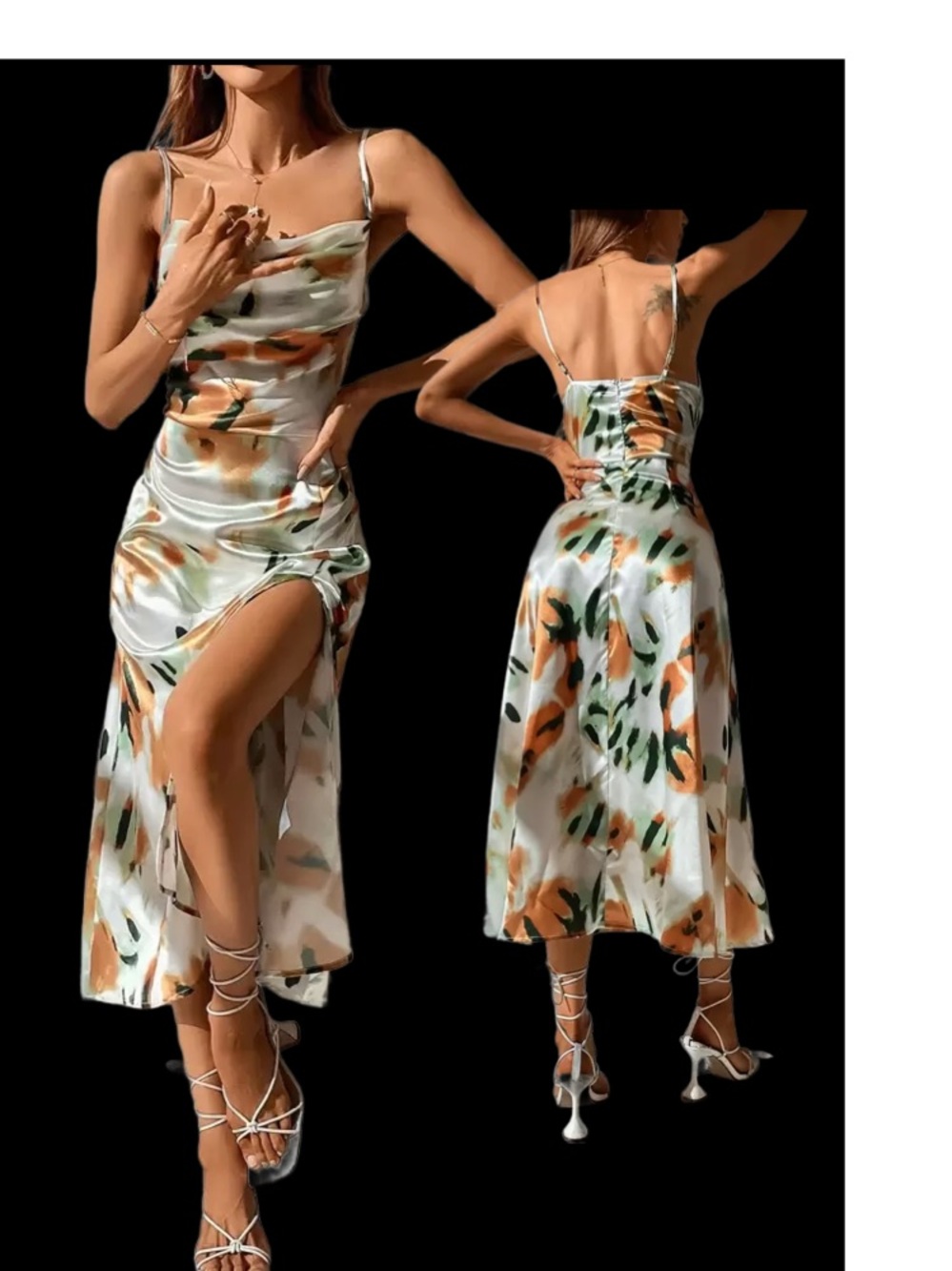 Satin Cowl Neck Slip Dress in White and Gold Splash size M